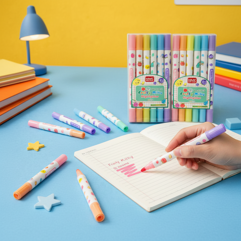 six pastel-coloured highlighters in shades of pink, orange, yellow, green, blue, and purple. The marker barrels are decorated with cute, smiling fruit characters like strawberries, pears, and blueberries. The sets are photographed against a vibrant blue and yellow background with star-shaped erasers.