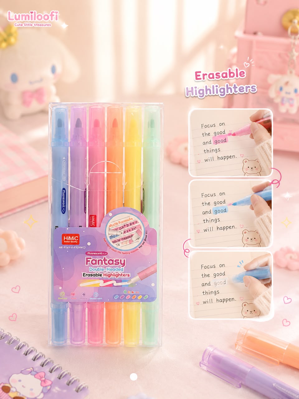 A set of six pastel-colored erasable highlighters in a clear plastic case, displayed on a pink background with cute stationery props and informational text overlays.