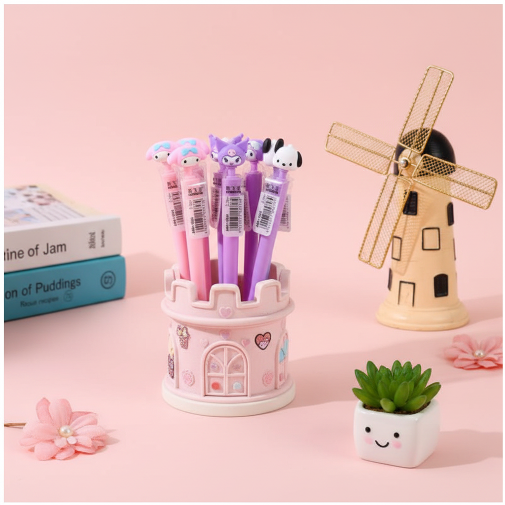 kawaii-style mechanical pencils, set against a soft pink background, featuring small, detailed character figures on their tops: pink pencils with a My Melody-like character on the left, purple pencils with a Kuromi-like character in the middle, and blue and white pencils with a Cinnamoroll-like character on the right.