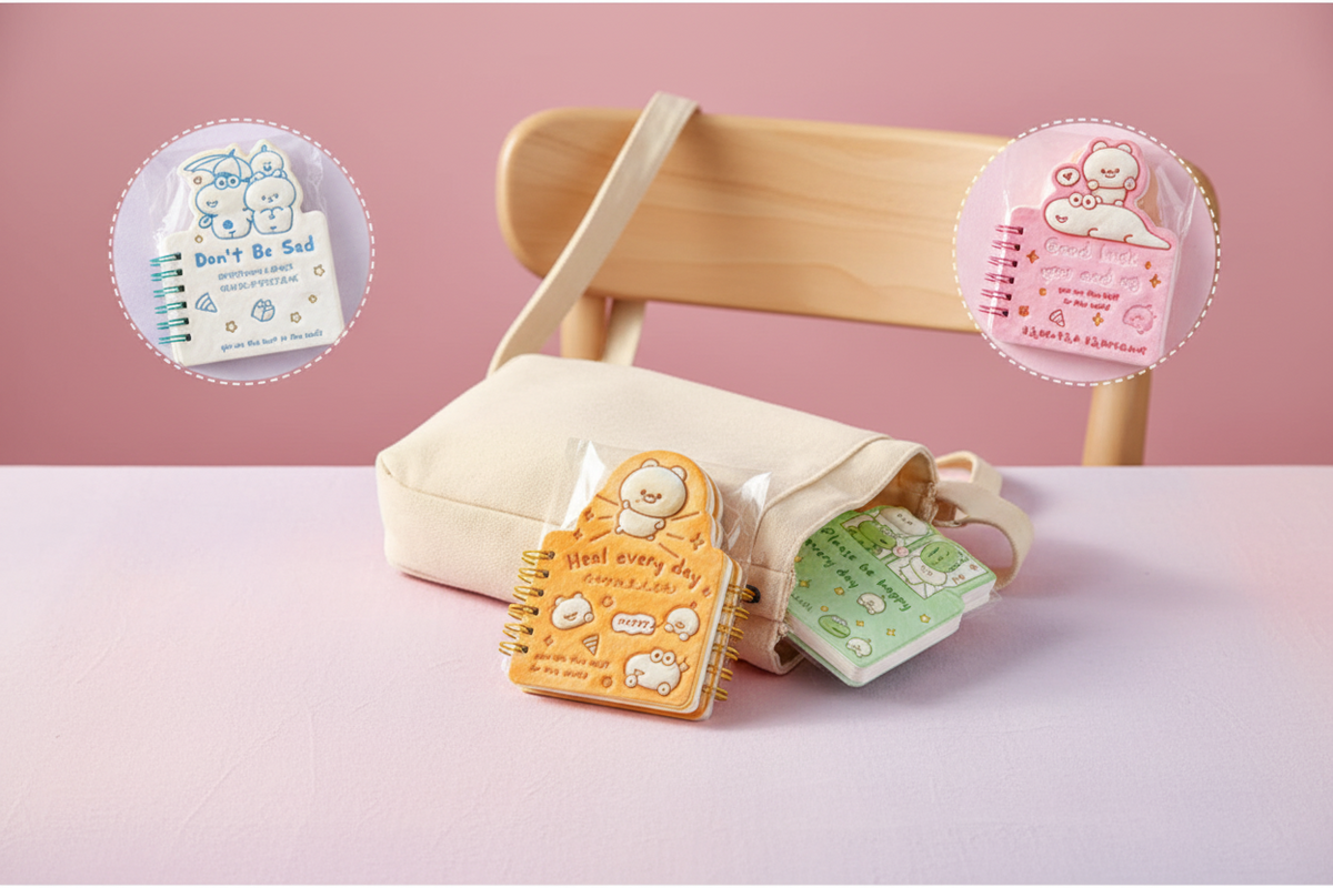 Pastel kawaii mini spiral notebooks with die-cut shaped tops featuring cute bear and blob characters. The orange, pink, blue, and green pocket journals feature motivational quotes like 'Heal every day' and 'Don't Be Sad', and are arranged playfully around a beige canvas crossbody bag on a pastel desk setting, perfect for aesthetic stationery collections.