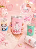 A hand holds a pink cartoon can-shaped tissue box dispenser with a keychain ring. The product has a cute bunny illustration and the words 'Can Heart Wipes' printed on it.