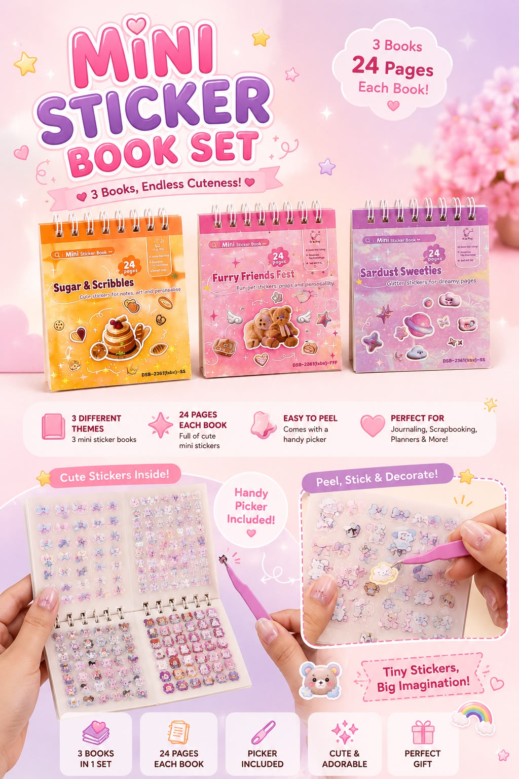 Kawaii Mini Spiral Sticker Book Set with Picker Tool (3pcs Set)