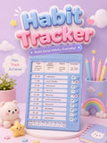 A cute pastel-themed Habit Tracker graphic showing a blue checklist pad with habit rows and checkmarks, surrounded by a plush bear, pencils, a small rainbow, and a notebook on a lavender background. Large 3D text reads 'Habit Tracker' with the subtitle 'Build Good Habits, Everyday!'.