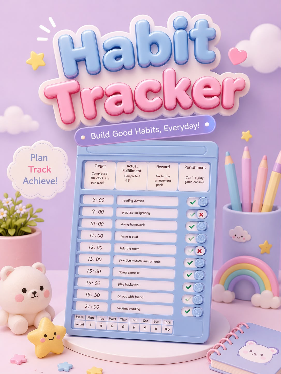 A cute pastel-themed Habit Tracker graphic showing a blue checklist pad with habit rows and checkmarks, surrounded by a plush bear, pencils, a small rainbow, and a notebook on a lavender background. Large 3D text reads 'Habit Tracker' with the subtitle 'Build Good Habits, Everyday!'.